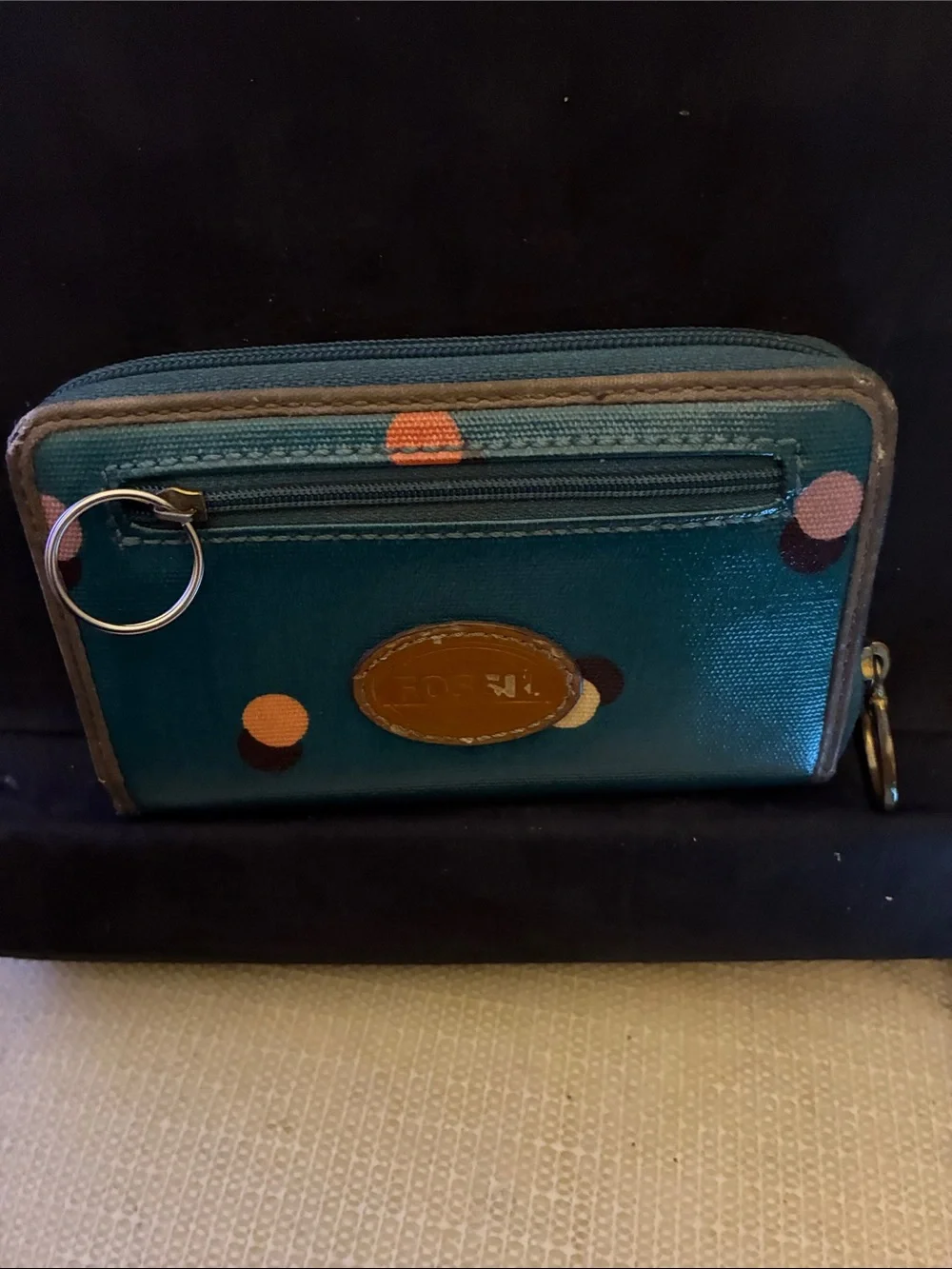 Fossil Teal Polka Dot Wristlet Wallet with Key Ring-Coated Canvas